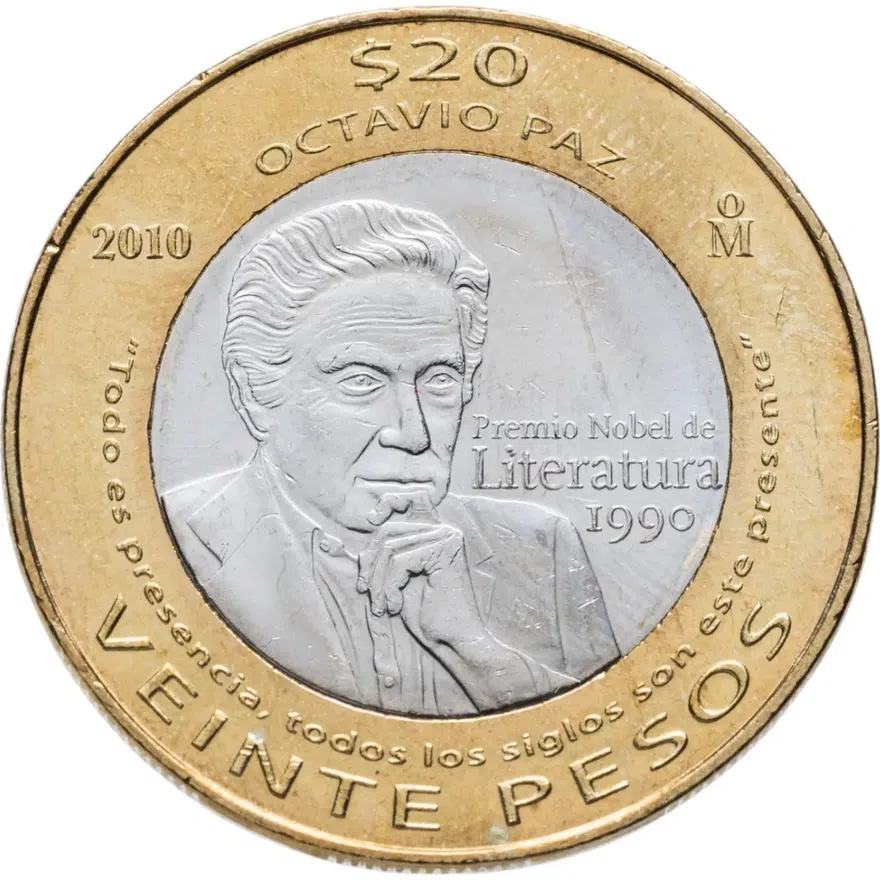 Мексика 20 песо (pesos) 2010 "20 лет присуждения Нобелевской премии по литературе Октавио Пасу"