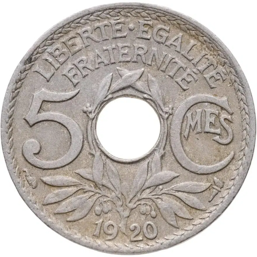 Франция 5 сантимов (centimes) 1920 Отверстие в центре, 19 мм, аверс