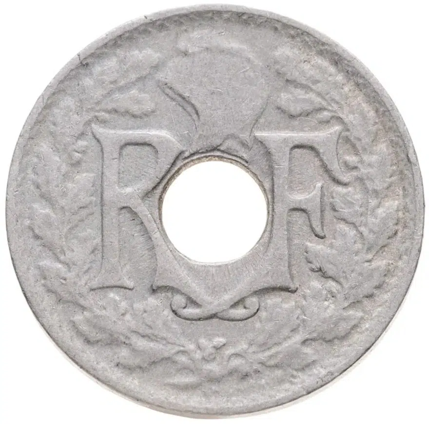 Франция 5 сантимов (centimes) 1920 Отверстие в центре, 19 мм, реверс