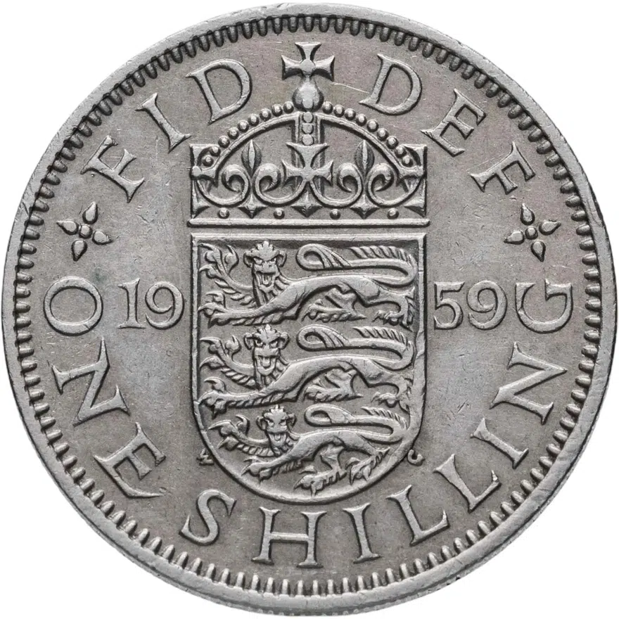 Великобритания 1 шиллинг (shilling) 1959  Английский герб - 3 льва внутри коронованного щита, реверс
