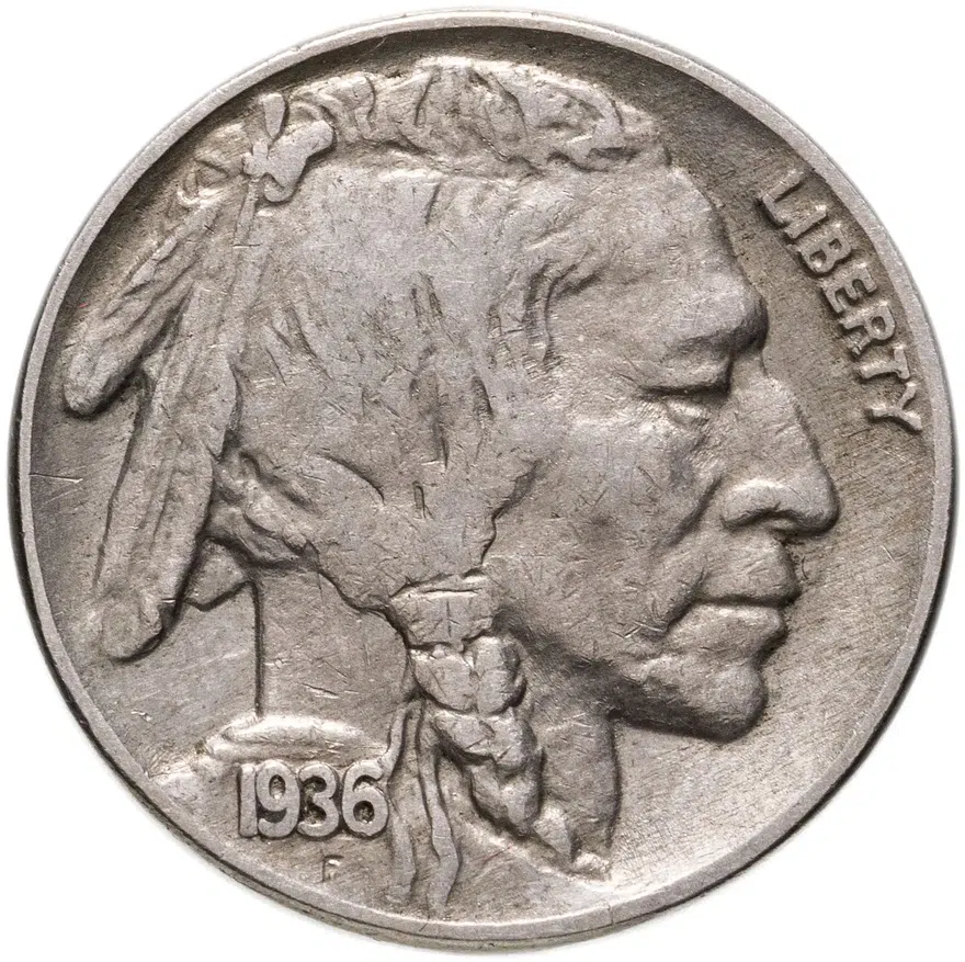 США 5 центов (cents) 1936  Buffalo Nickel Без отметки монетного двора, аверс