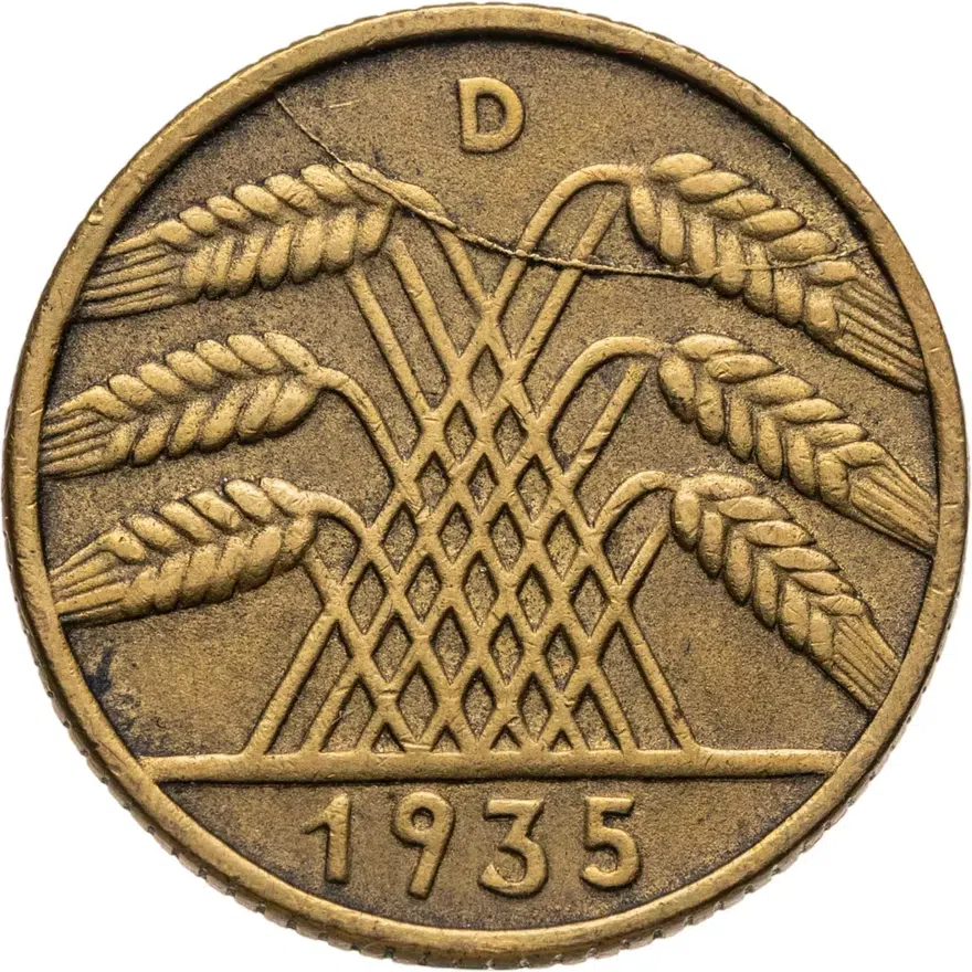 Германия 10 рейхспфеннигов (reichspfennig) 1935 D  знак монетного двора "D" — Мюнхен