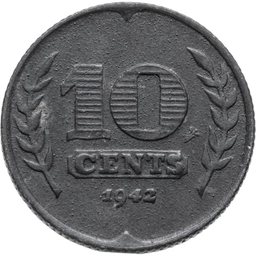 Нидерланды 10 центов (cents) 1942   цинк (аверс - три тюльпана), аверс