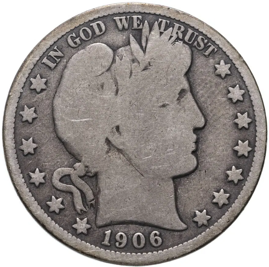 США 50 центов (1/2 доллара, half dollar) 1906 года, буквы D "50 центов Барбера"