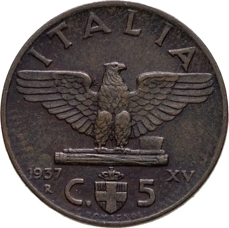 Италия 5 чентезимо (centesimi) 1937  Новый реверс: орел, реверс