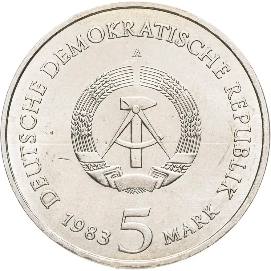 Германия (ГДР) 5 марок (mark) 1983  Замковая церковь в Виттенберге, реверс