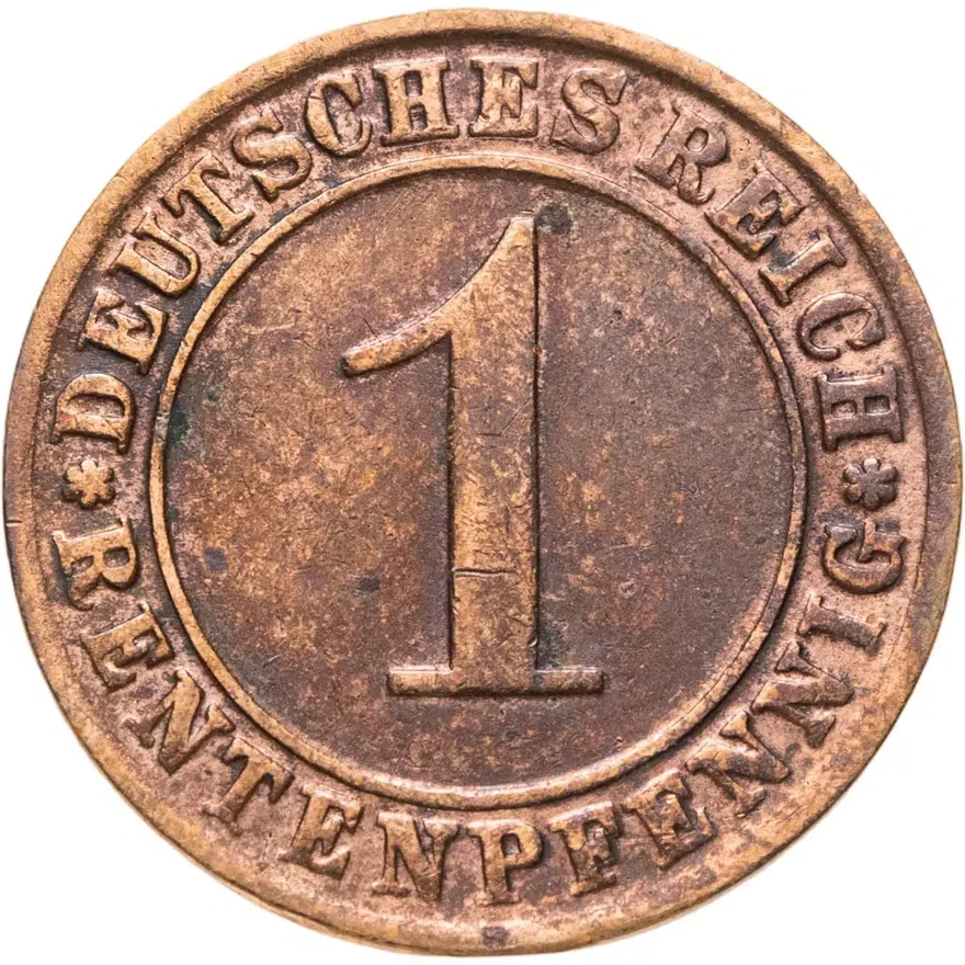 Германия 1 пфенниг (рентенпфенниг, rentenpfennig) 1924 D  знак монетного двора "D" — Мюнхен, аверс