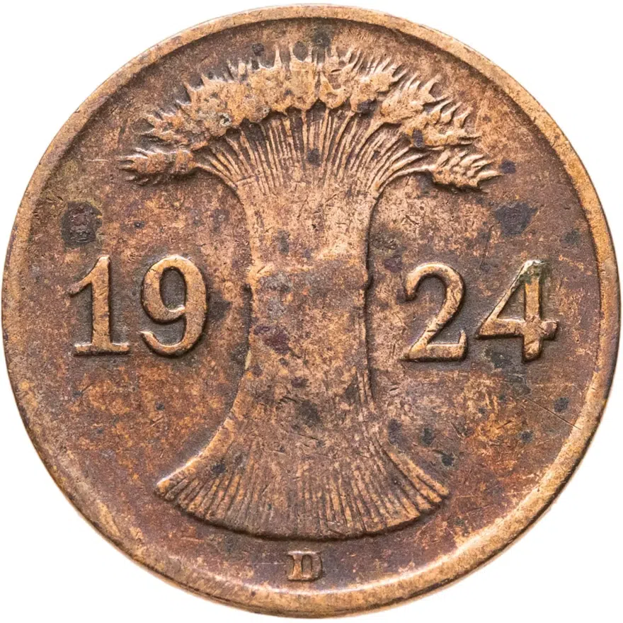 Германия 1 пфенниг (рентенпфенниг, rentenpfennig) 1924 D  знак монетного двора "D" — Мюнхен, реверс