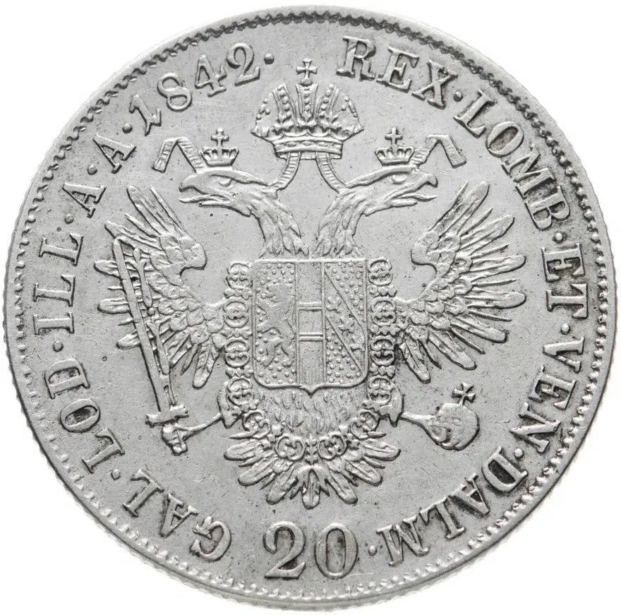 Австрия 20 крейцеров (kreuzer) 1842, знак монетного двора "А" - Вена, реверс