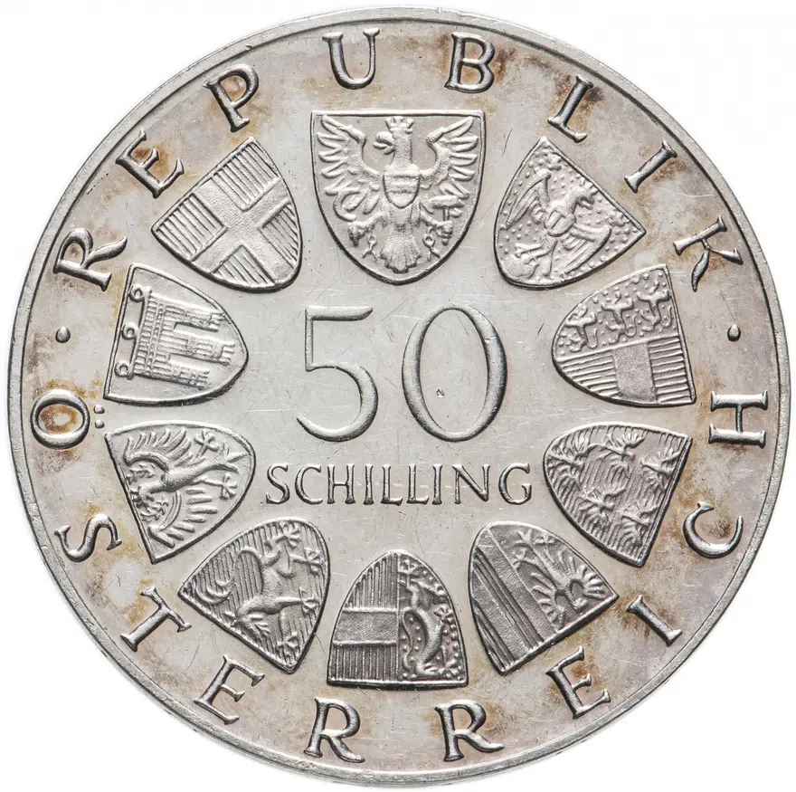 Австрия 50 шиллингов (shilling) 1974  50 лет Австрийскому радио, реверс