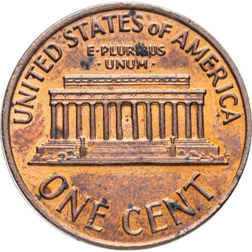 США 1 цент (cent) 1972  Мемориал Линкольна (Lincoln Memorial Cent) без обозначения монетного двора, БРАК, реверс