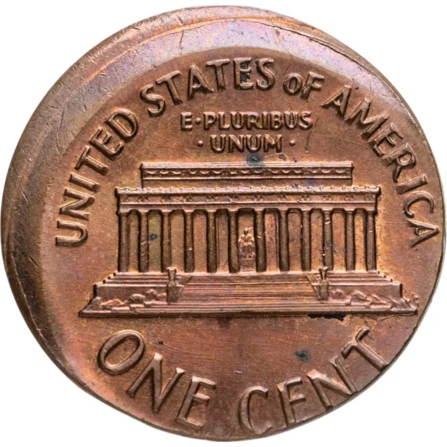 США 1 цент (cent) 1971  Мемориал Линкольна (Lincoln Memorial Cent) без обозначения монетного двора, БРАК смещение, реверс
