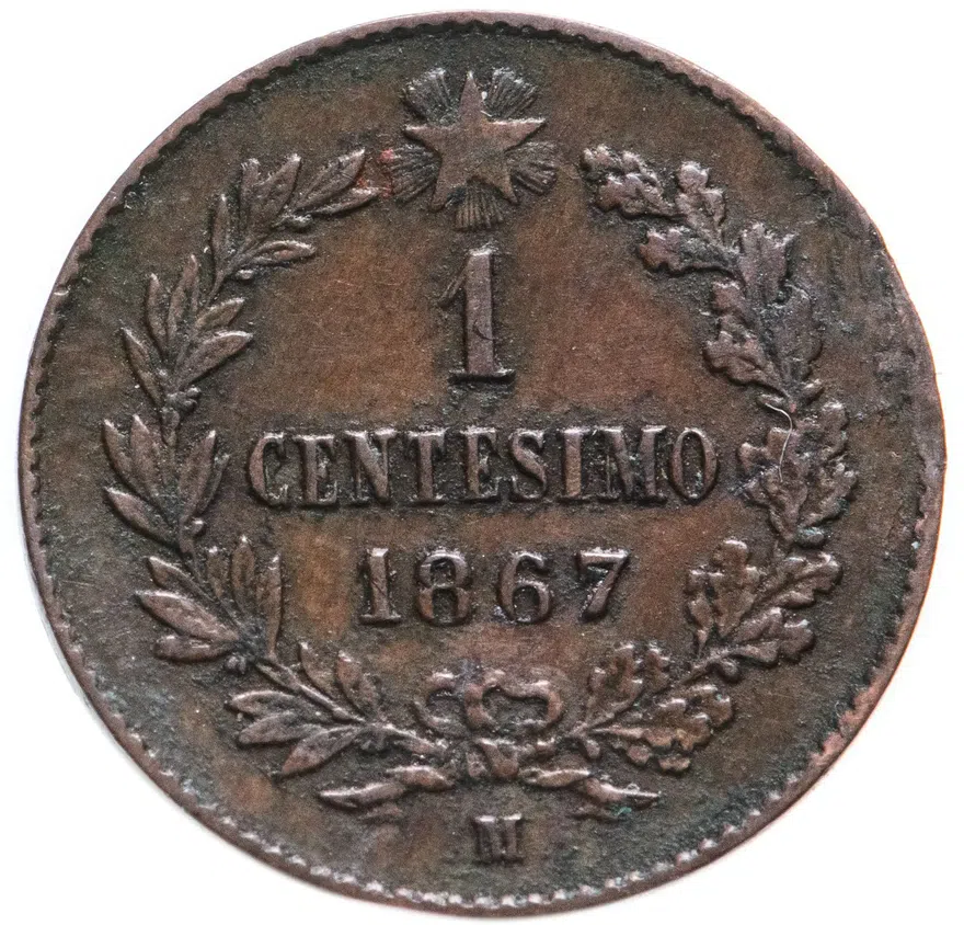 Италия 1 чентезимо (centesimo) 1867 M  знак монетного двора: "M" - Милан