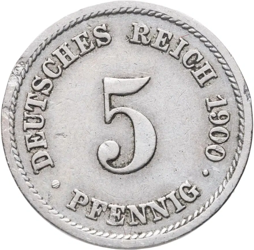 Германия 5 пфеннигов (pfennig) 1900 F  знак монетного двора: "F" - Штутгарт, аверс