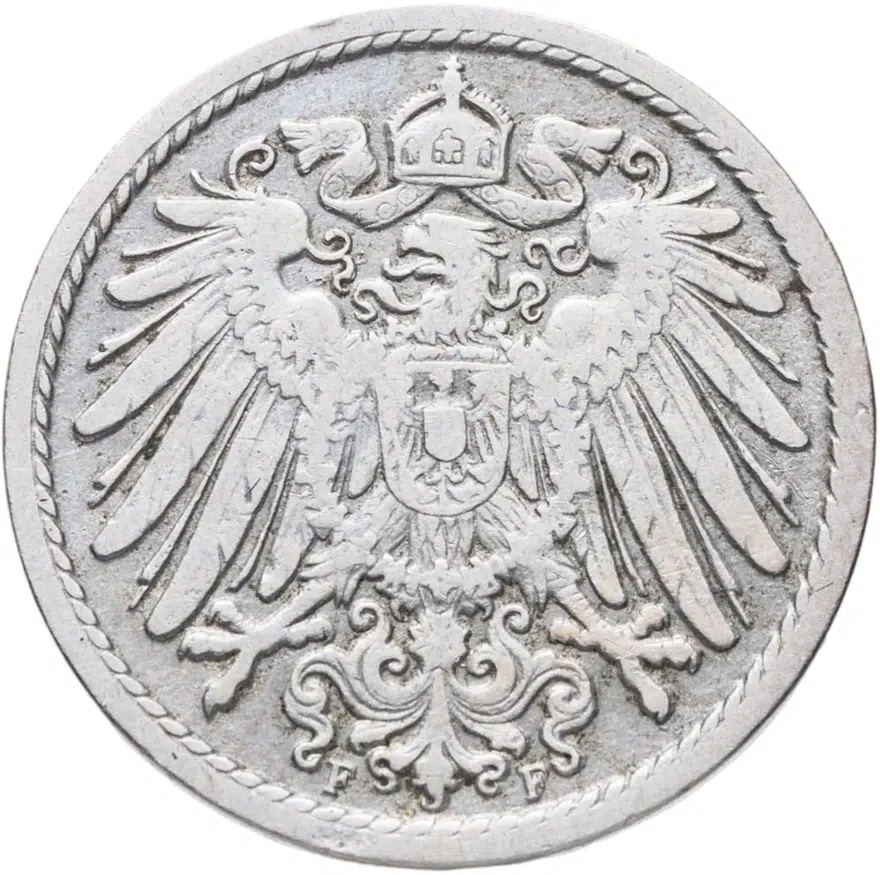 Германия 5 пфеннигов (pfennig) 1900 F  знак монетного двора: "F" - Штутгарт, реверс