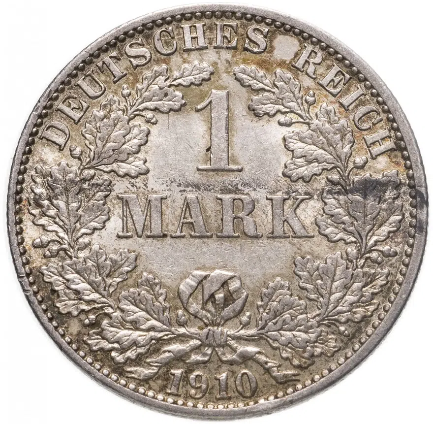 Германия 1 марка (mark) 1910 A  знак монетного двора: "A" - Берлин, аверс