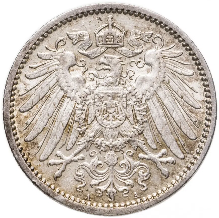 Германия 1 марка (mark) 1910 A  знак монетного двора: "A" - Берлин, реверс