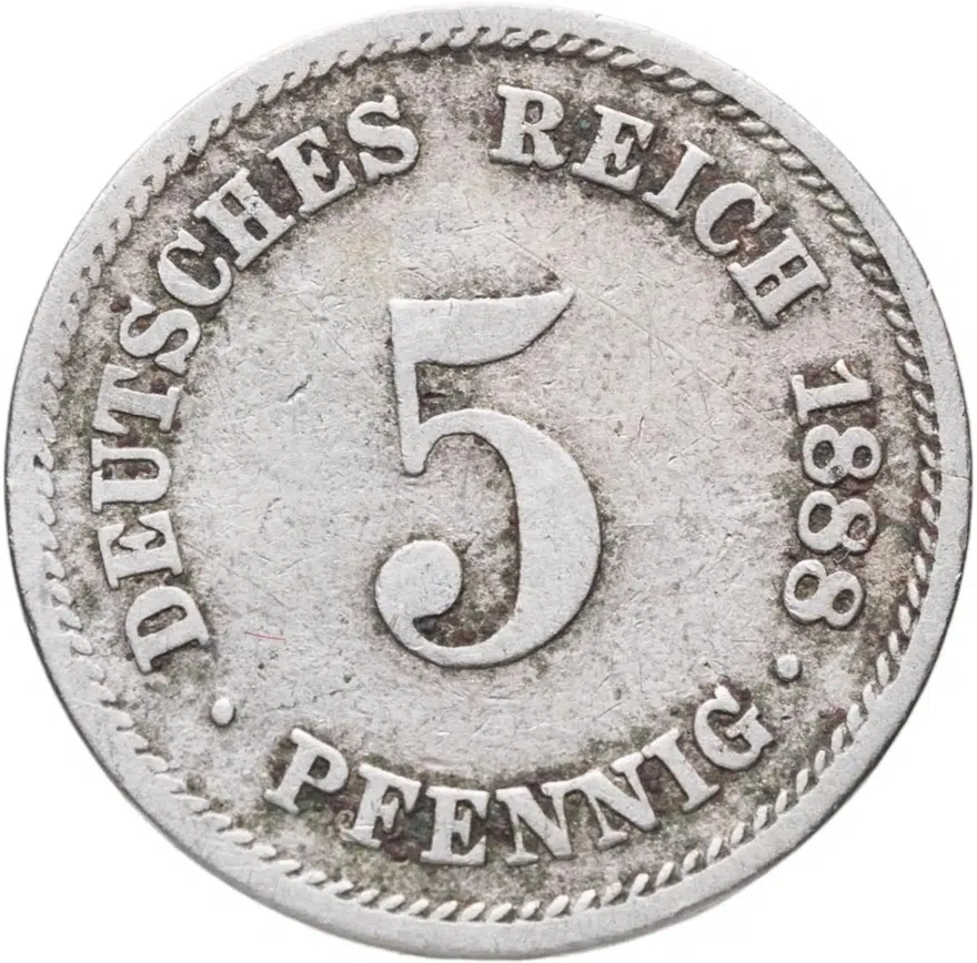Германия 5 пфеннигов (pfennig) 1888 A  знак монетного двора: "A" - Берлин, аверс