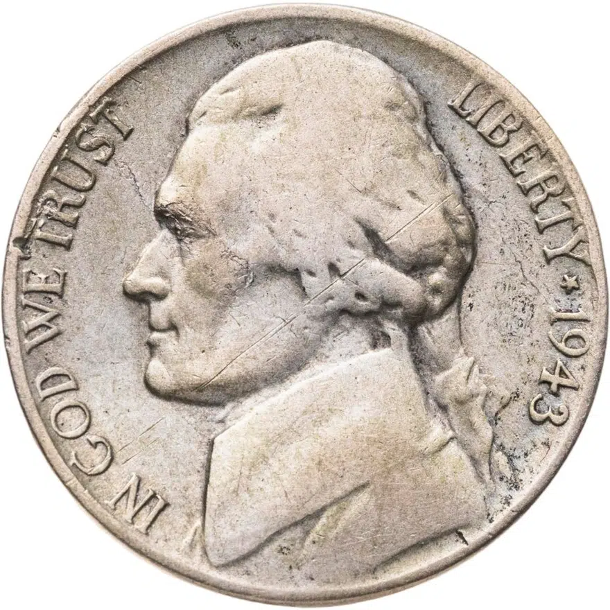 США 5 центов (cents) 1943 P Jefferson Nickel (Джефферсон) знак монетного двора "P" - Филадельфия, аверс