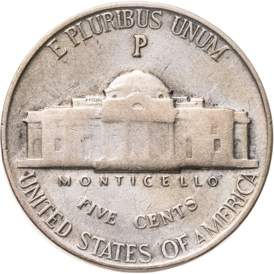США 5 центов (cents) 1943 P Jefferson Nickel (Джефферсон) знак монетного двора "P" - Филадельфия, реверс