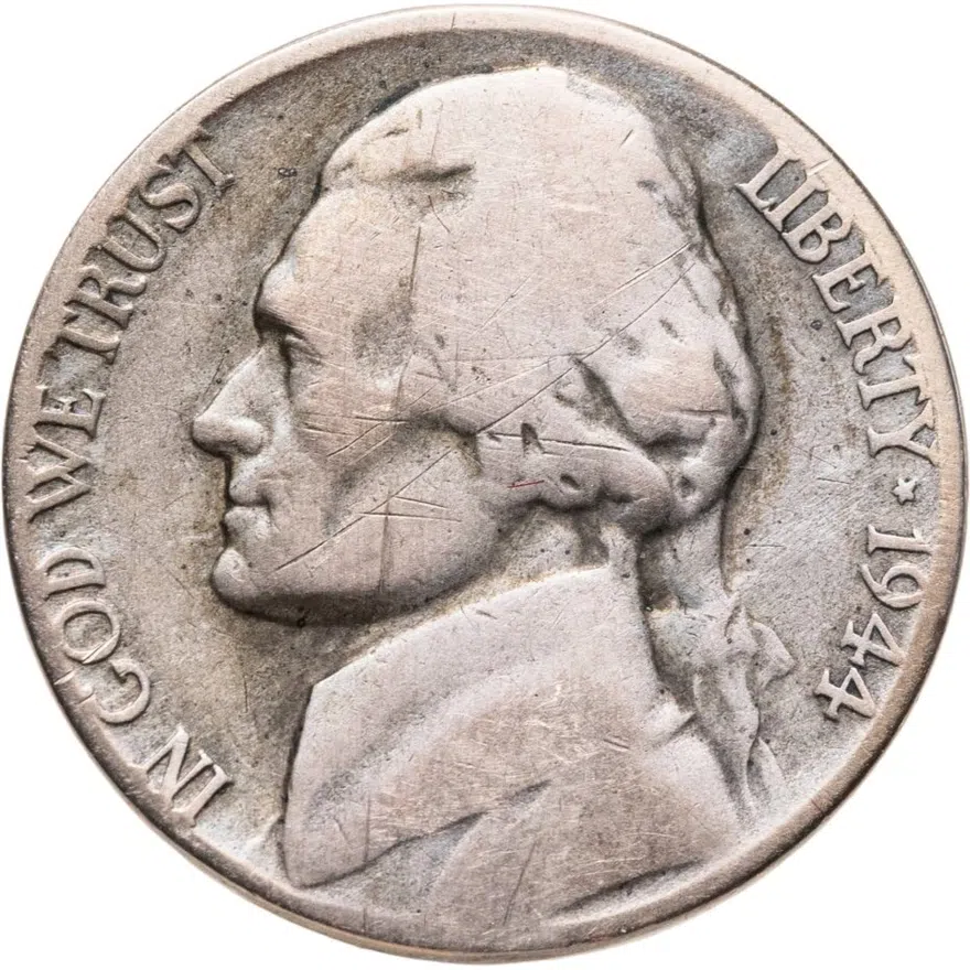 США 5 центов (cents) 1944 P Jefferson Nickel (Джефферсон) знак монетного двора "P" - Филадельфия