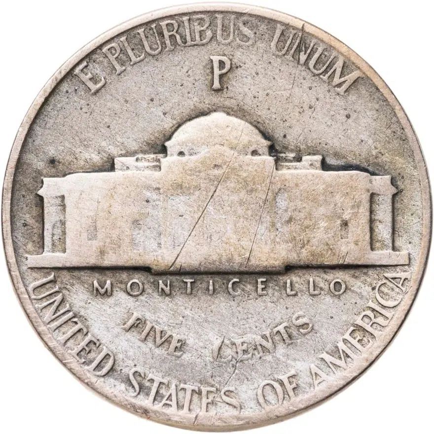 США 5 центов (cents) 1944 P Jefferson Nickel (Джефферсон) знак монетного двора "P" - Филадельфия, реверс