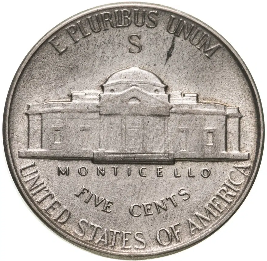 США 5 центов (cents) 1945 S Jefferson Nickel (Джефферсон) знак монетного двора "S" - Сан-Франциско, реверс