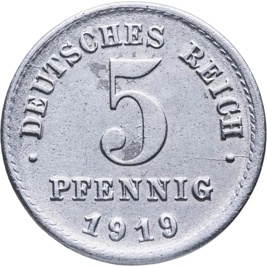 Германия 5 пфеннигов (pfennig) 1919 F  знак монетного двора: "F" - Штутгарт