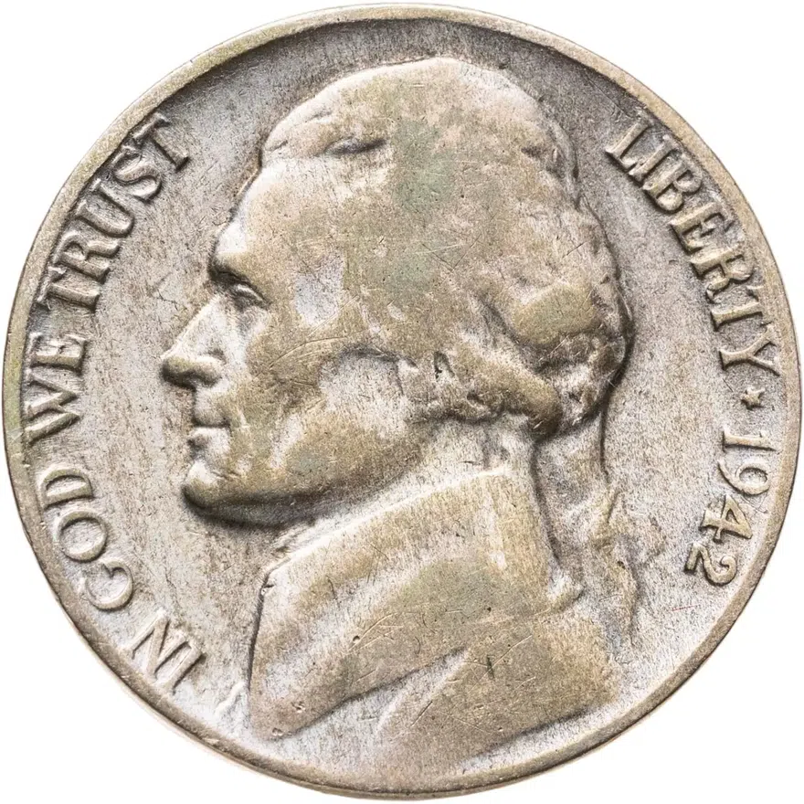 США 5 центов (cents) 1942 P Jefferson Nickel (Джефферсон) военного времени, серебро, знак монетного двора "P" - Филадельфия, аверс