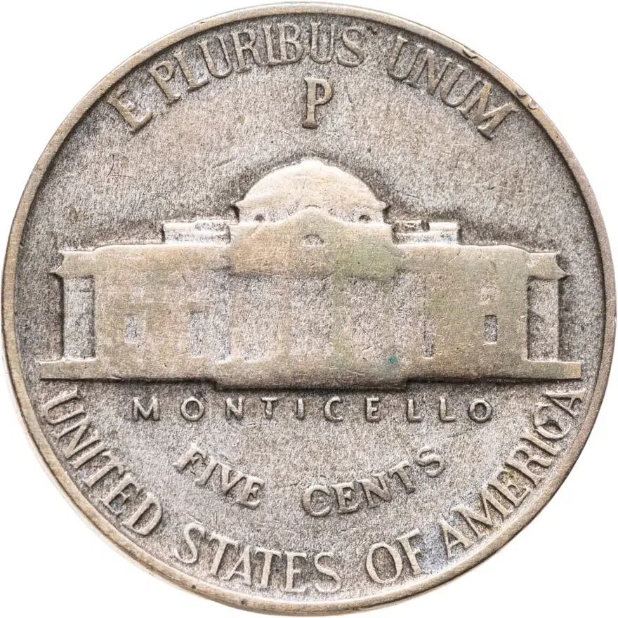 США 5 центов (cents) 1942 P Jefferson Nickel (Джефферсон) военного времени, серебро, знак монетного двора "P" - Филадельфия, реверс