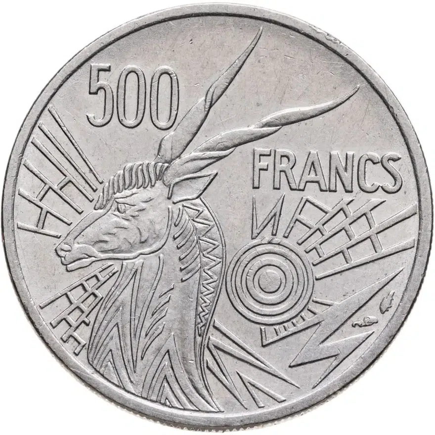 Центральная Африка (BEAC) 500 франков (francs) 1979   Отметка на реверсе "D" - Габон, реверс