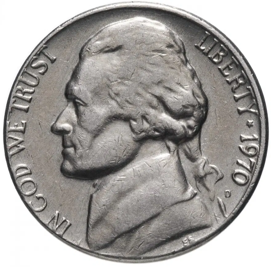 США 5 центов (cents) 1970   "Jefferson Nickel (Джефферсон)"  "D", аверс