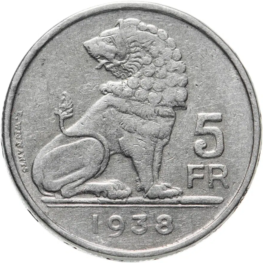 Бельгия 5 франков (francs) 1938  Надпись - 'BELGIE - BELGIQUE', аверс