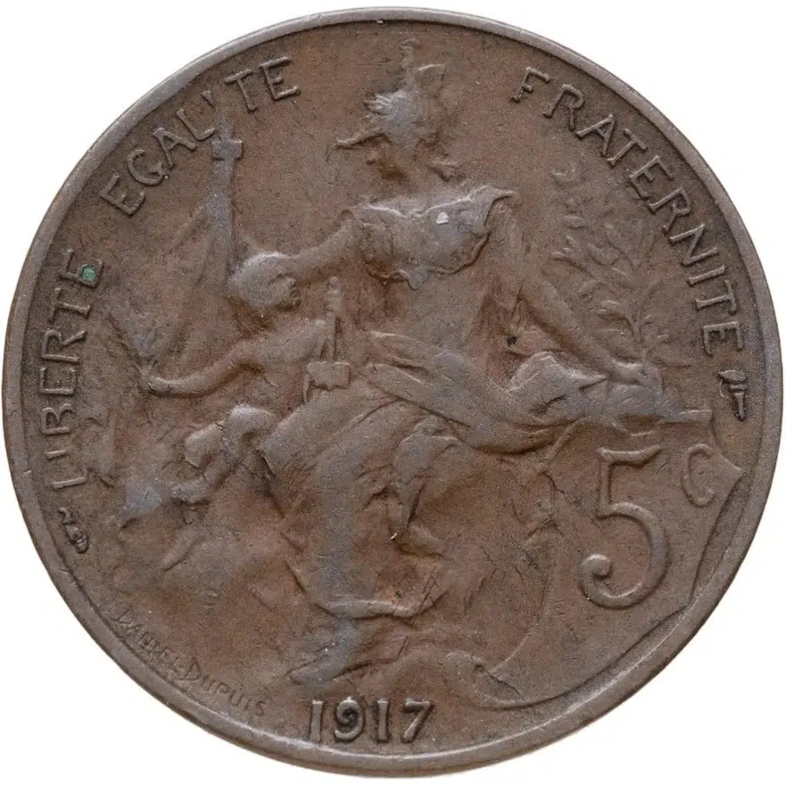 Франция 5 сантимов (centimes) 1917  Без отверстия в центре, аверс