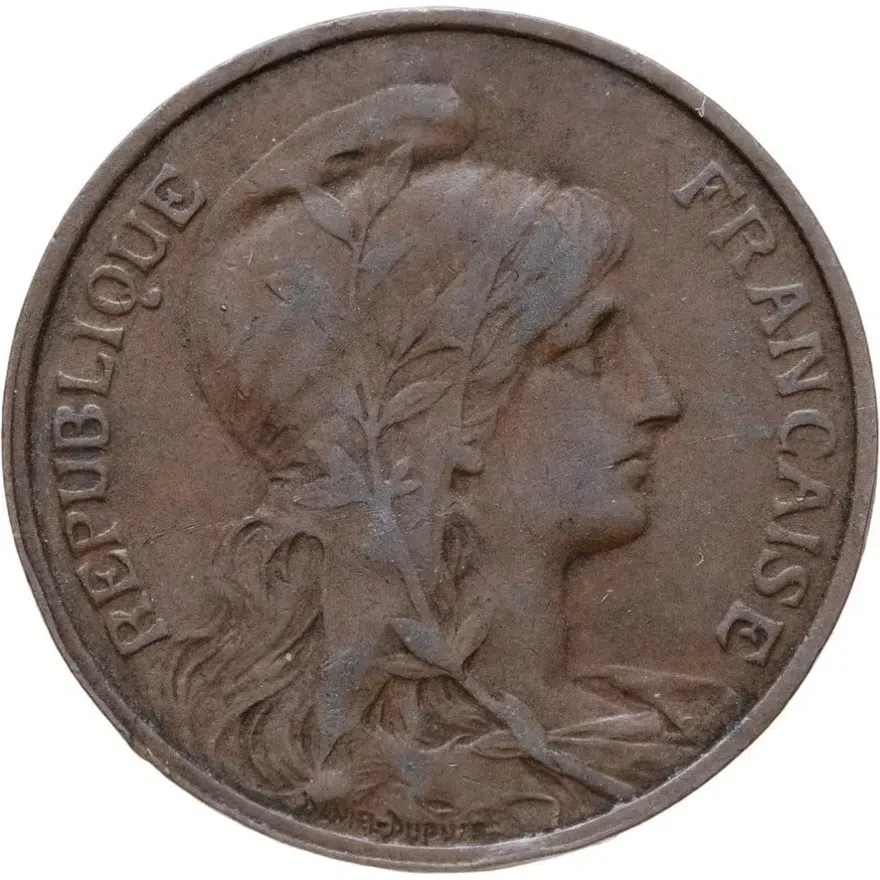 Франция 5 сантимов (centimes) 1917  Без отверстия в центре, реверс