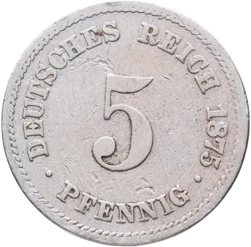 Германия 5 пфеннигов (pfennig) 1875 A  знак монетного двора: "A" - Берлин