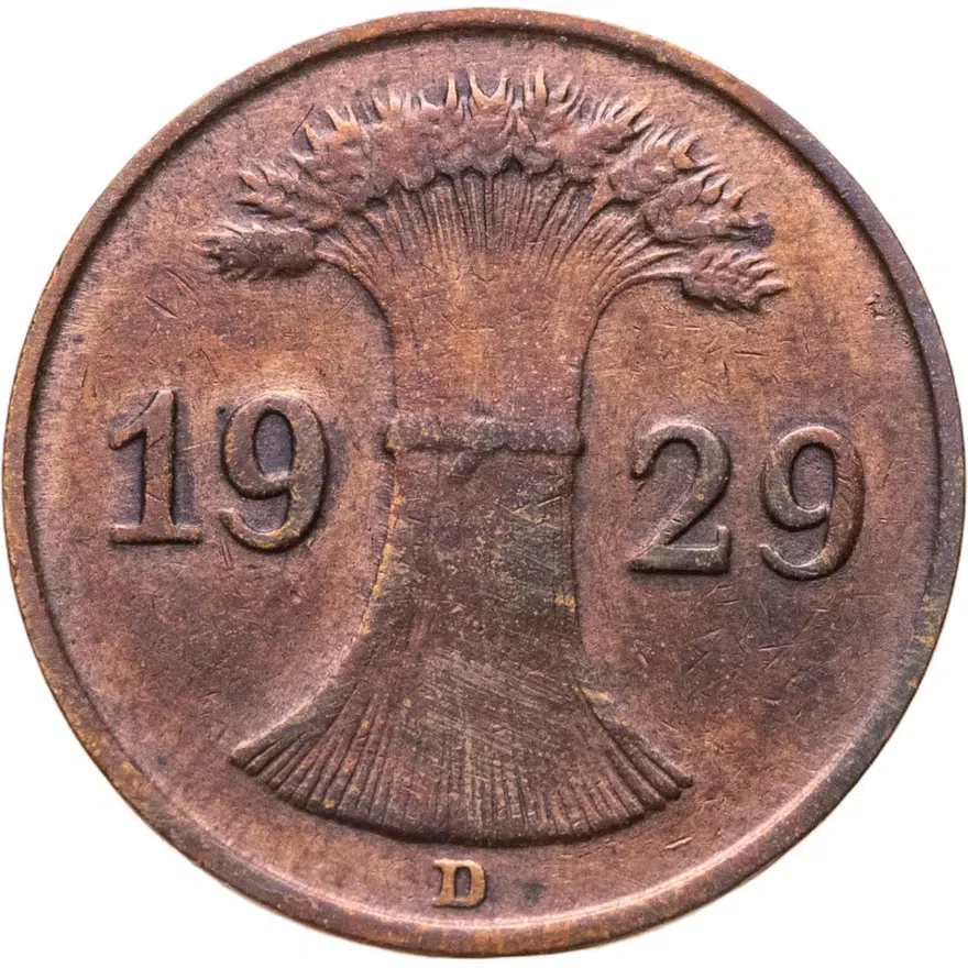 Германия 1 рейхспфенниг (reichspfennig) 1929 D  знак монетного двора "D" — Мюнхен, реверс