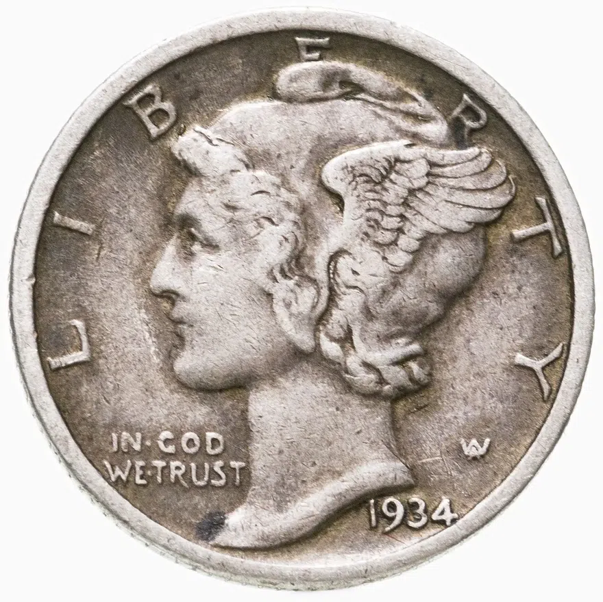 США 10 центов (дайм, one dime) 1934  Mercury Dime Без отметки монетного двора