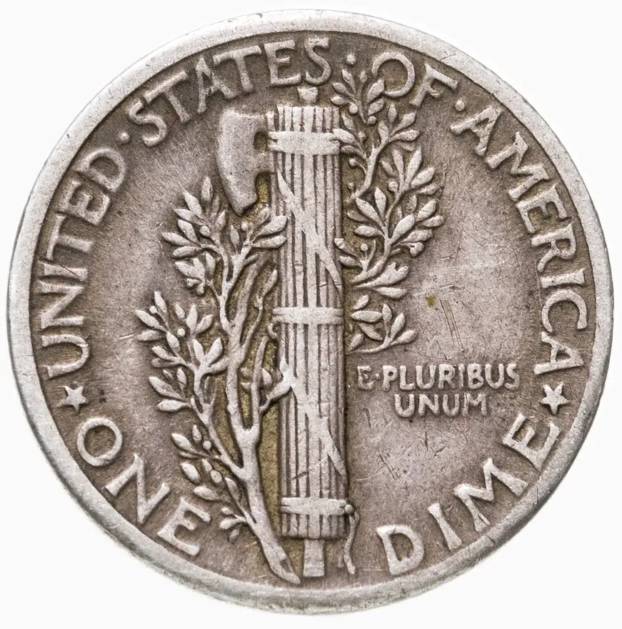 США 10 центов (дайм, one dime) 1934  Mercury Dime Без отметки монетного двора, реверс