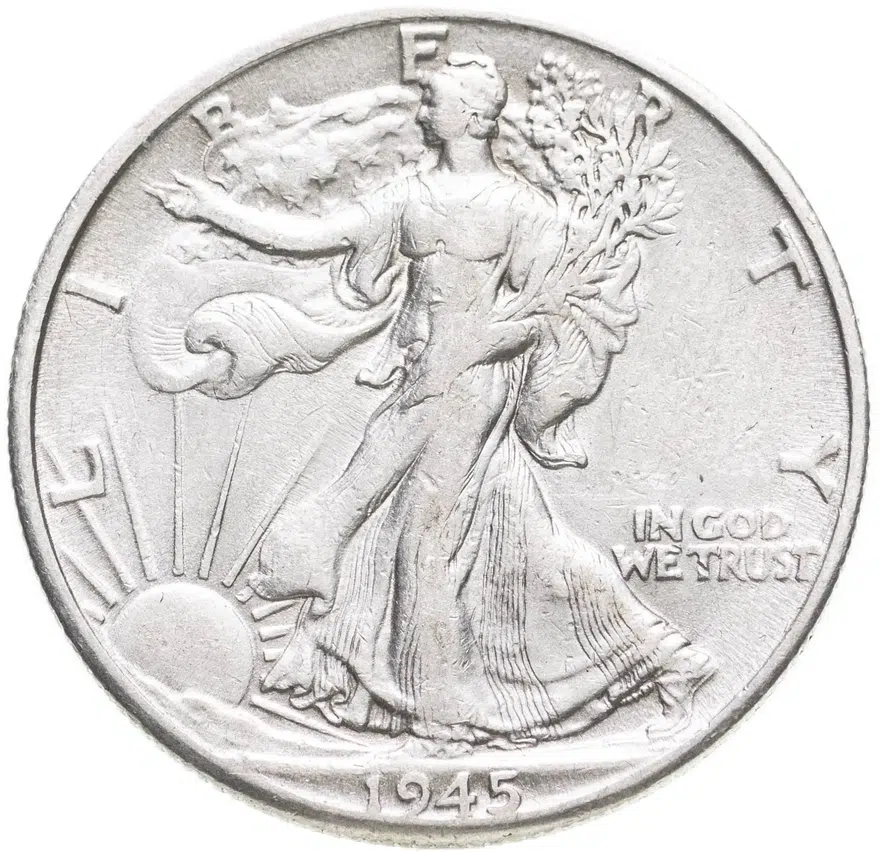 США 50 центов (1/2 доллара, half dollar) 1945 D Walking Liberty Half Dollar знак монетного двора: "D" - Денвер, аверс