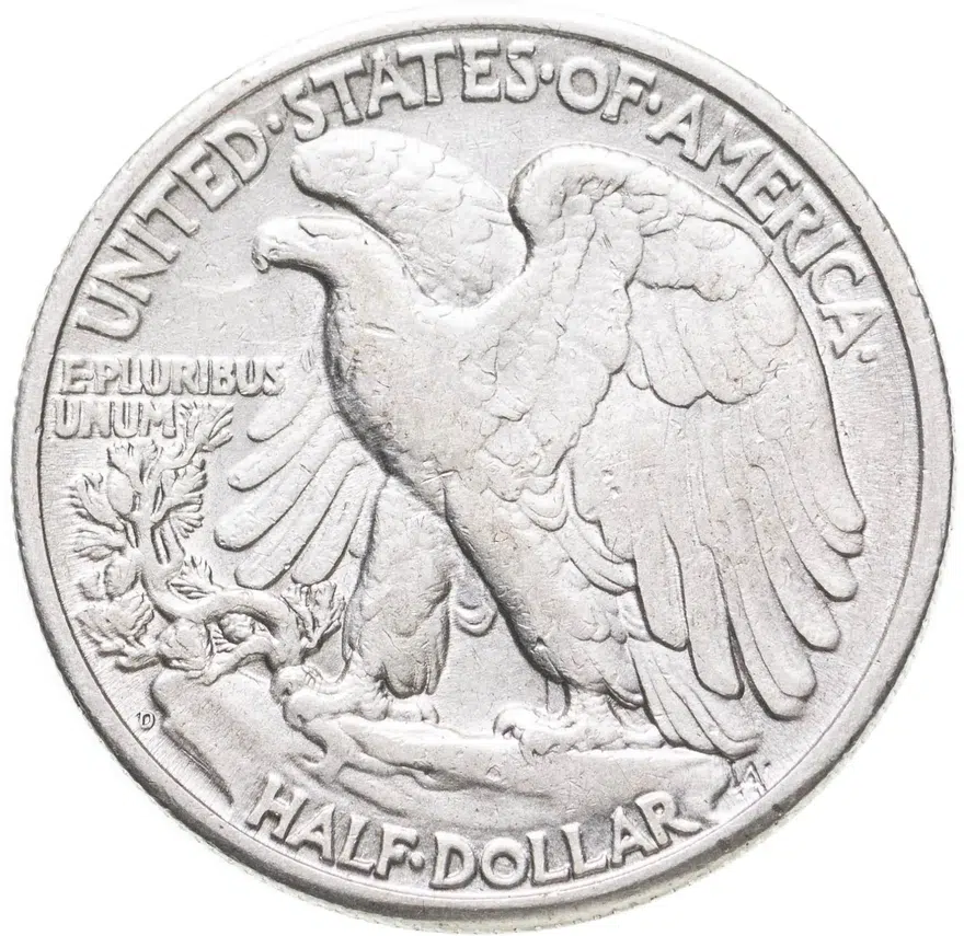 США 50 центов (1/2 доллара, half dollar) 1945 D Walking Liberty Half Dollar знак монетного двора: "D" - Денвер, реверс