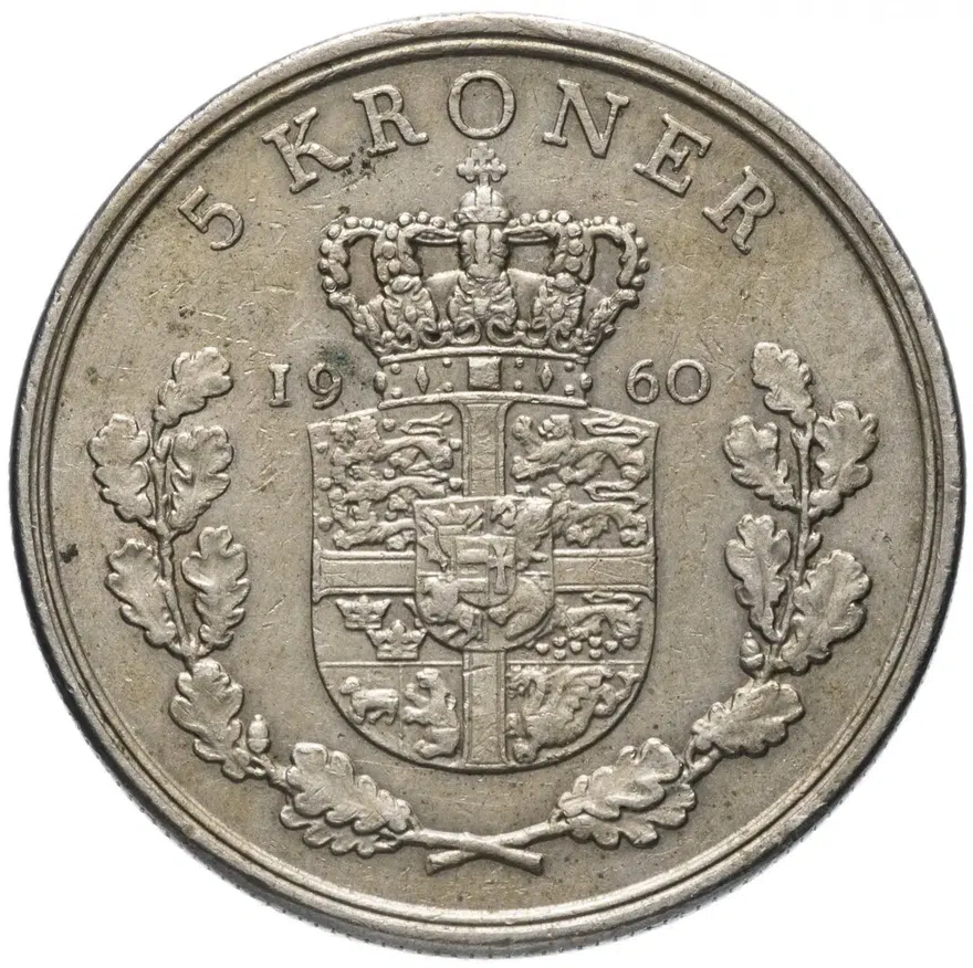 Дания 5 крон (kroner) 1960 период правления Фредерика 9, реверс