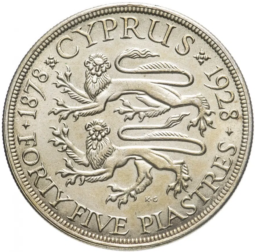 Кипр 45 пиастров (piastres) 1928  50 лет английскому Кипру, реверс