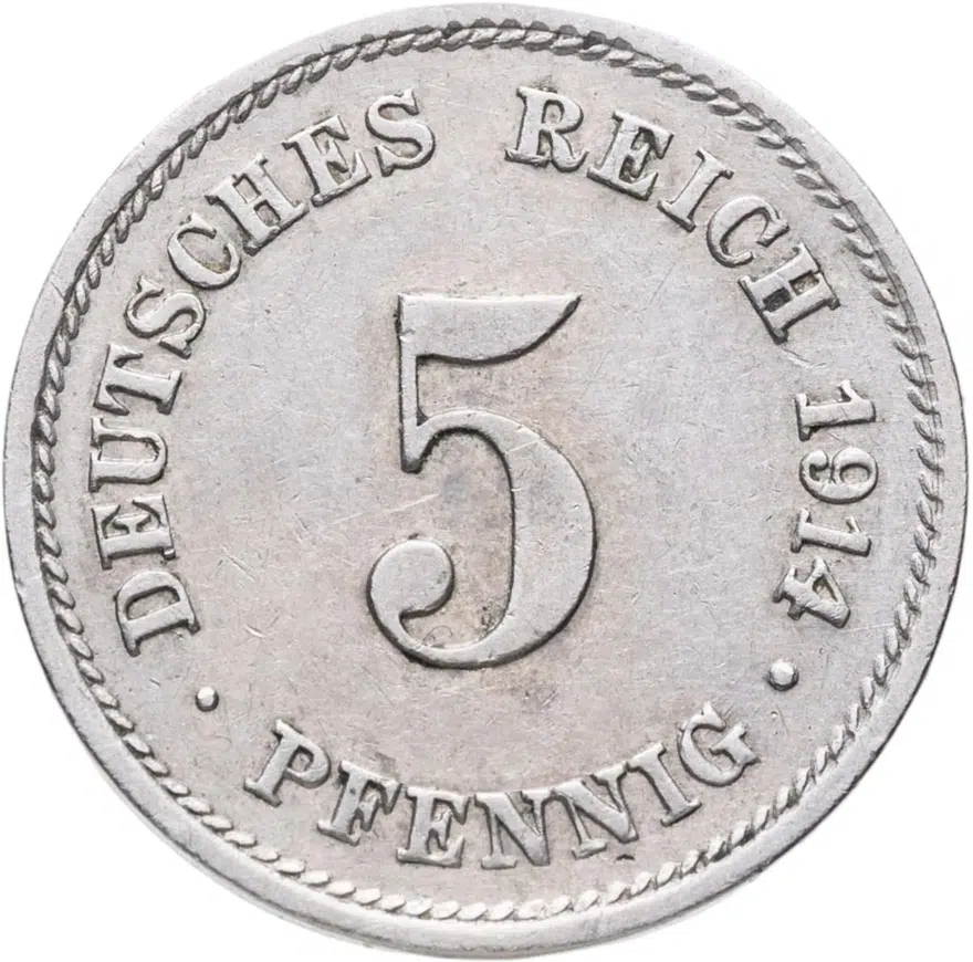 Германия 5 пфеннигов (pfennig) 1914 G  знак монетного двора: "G" - Карлсруэ, аверс
