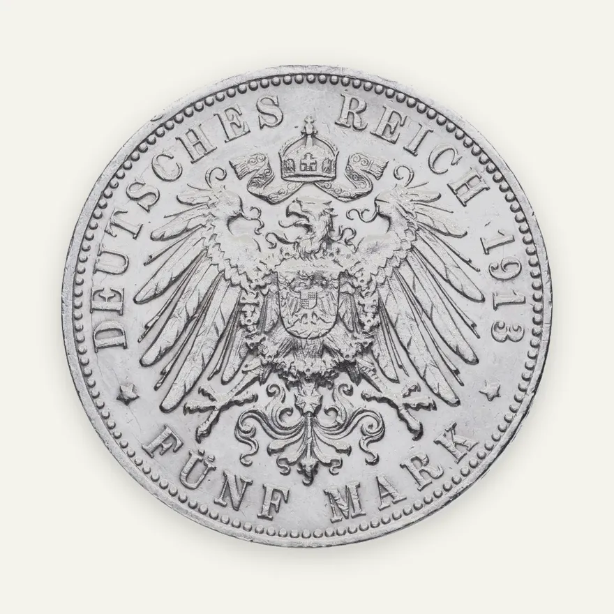Германия 5 марок 1913 "Вюртемберг. Вильгельм II" (F), реверс
