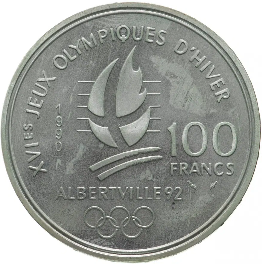 Франция 100 франков (francs) 1990   XVI зимние Олимпийские Игры, Альбервиль 1992 - Бобслей, реверс