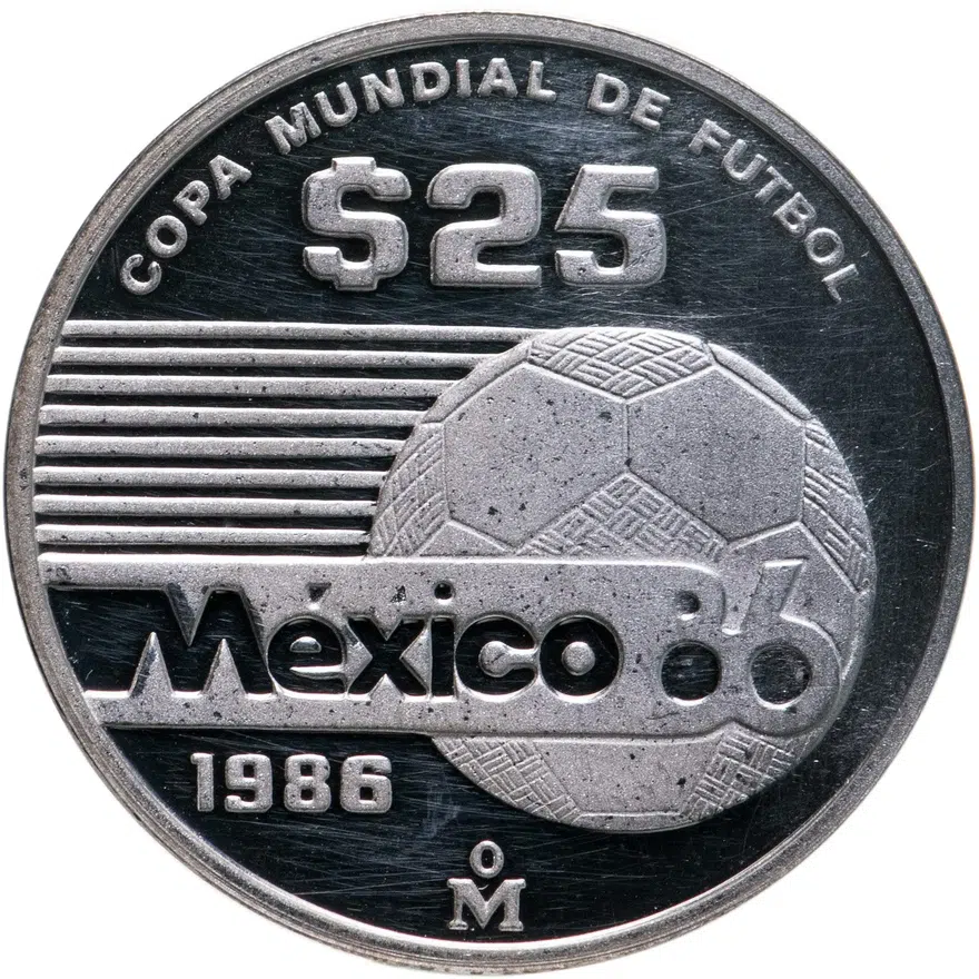 Мексика 25 песо (pesos) 1985  Чемпионат мира по футболу 1986 - Один мяч