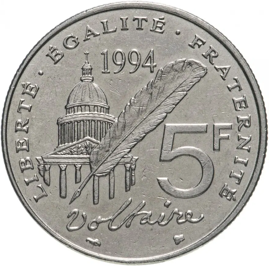 Франция 5 франков (francs) 1994  300 лет со дня рождения Вольтера, аверс