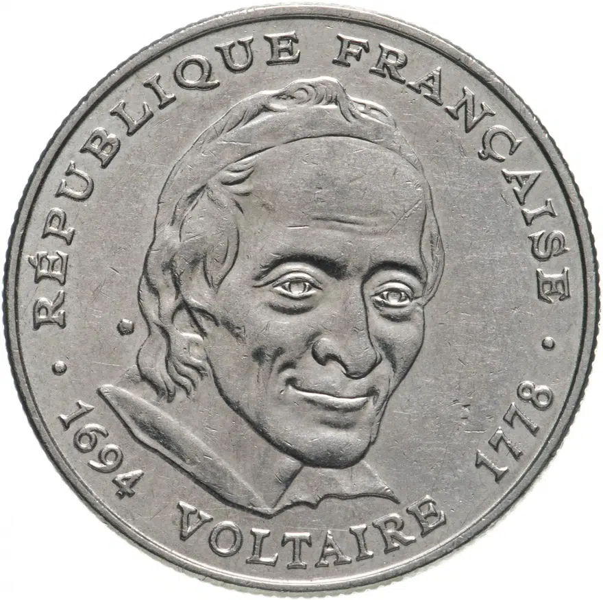 Франция 5 франков (francs) 1994  300 лет со дня рождения Вольтера, реверс