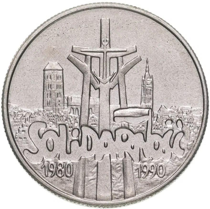 Польша 10000 злотых (zlotych) 1990  10 лет независимому самоуправляемому профсоюзу «Солидарность», аверс